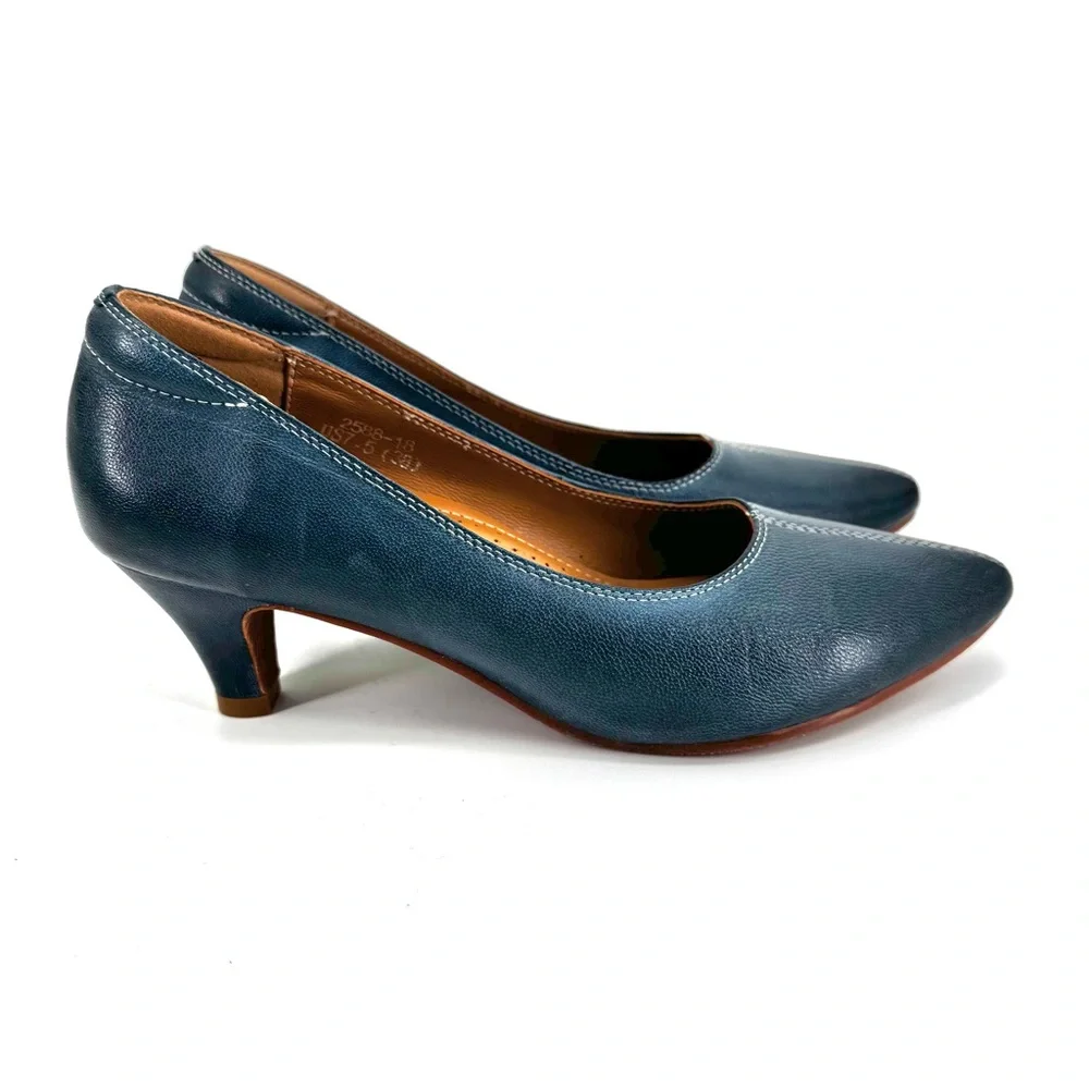 Mona Flying Leather Retro Pointed Toe Pumps Comfort Heels in Teal Size 7.5
